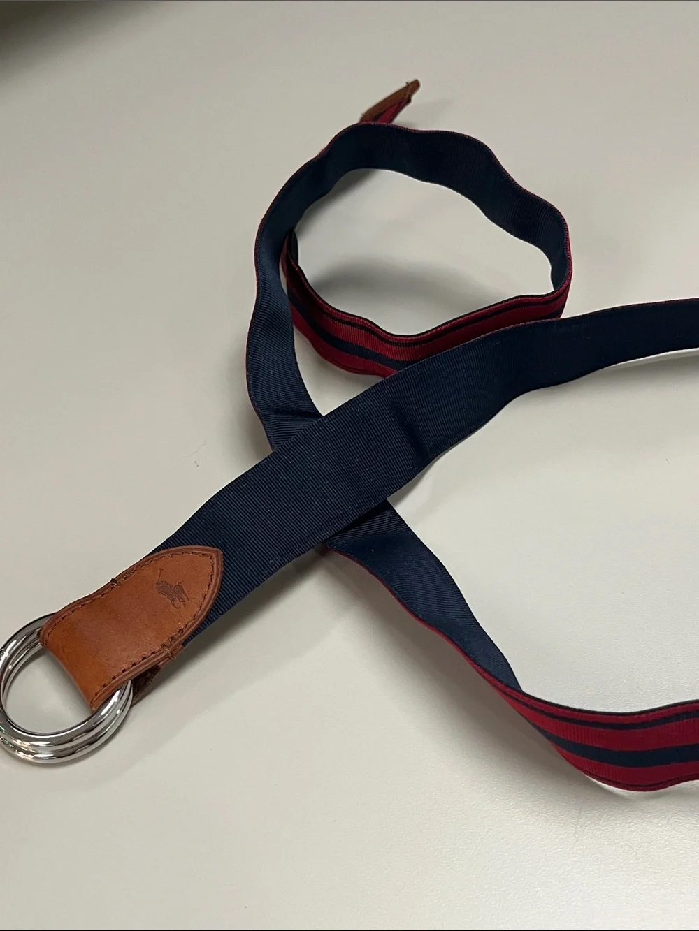 Polo Ralph Lauren Red & Navy Striped Fabric Belt w/ Leather Tab reversible